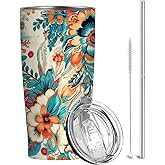 QruKinx Floral Tumbler 20 oz | Stainless Steel Travel Mug with Lid | Insulated Flower Cup for Coffee, Tea and Iced Drinks | Birthday and Christmas Gifts for Women, Mom and Girlfriend