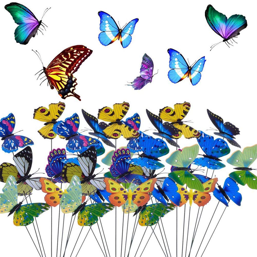 BETOY 30 Pieces Garden Butterflies poles Colorful stakes butterfly simulation plastic fake butterfly Bookmark sticks Ornaments for Yard Patio Party Plant Decoration