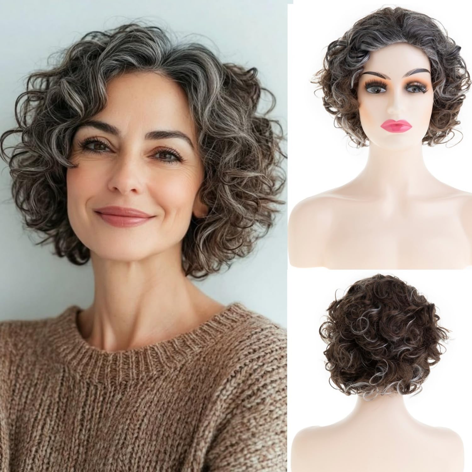 Photo 1 of Wiwige Short Brown Curly Wigs for Women Synthetic Mixed Grey Big Curly Bob Wig Modern Cosplay Hair