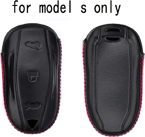 Royalfox Genuine 3 Buttons Leather Key Fob Case Cover For Tesla Model S P85d P70 Car Remote Key Pouch Bag With Key Rings Kit Keychain Holder Metal