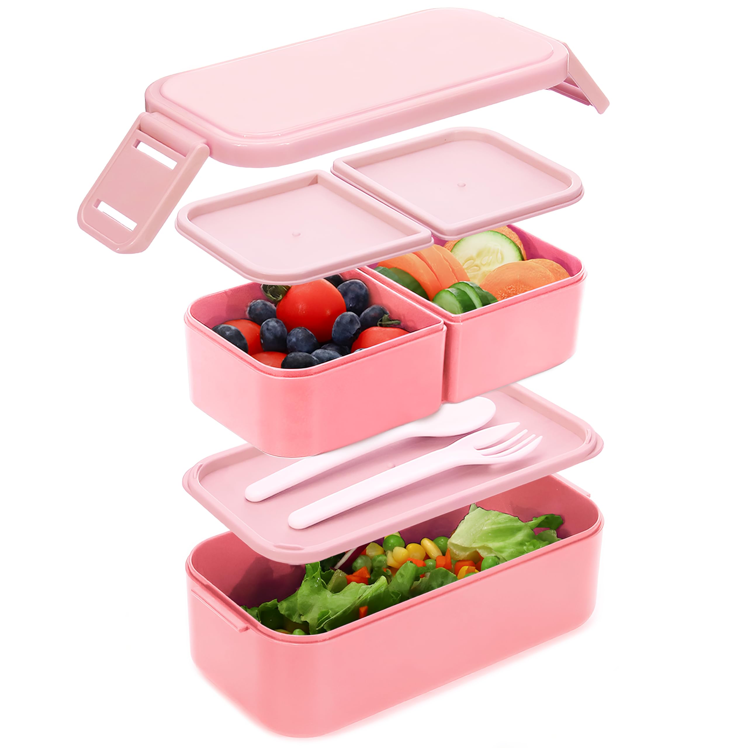 Bugucat Bento Lunch Box 1300ML - 2 in 1 Stackable 2 Layer 3 Compartments Leak Proof for Adults Kids - Snack Box With Compartments for School Office Camping Pink — image 1