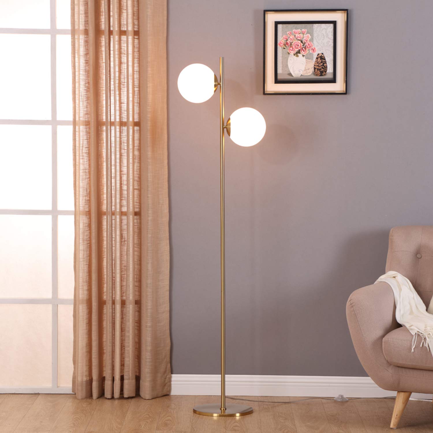 Brightech Sphere Floor Lamp for Living Room, Mid-Century Modern 2 Globe Pole Light for Bedroom, Bright LED Standing Lamps for Offices, Contemporary Living Room Décor – Gold/Antique Brass