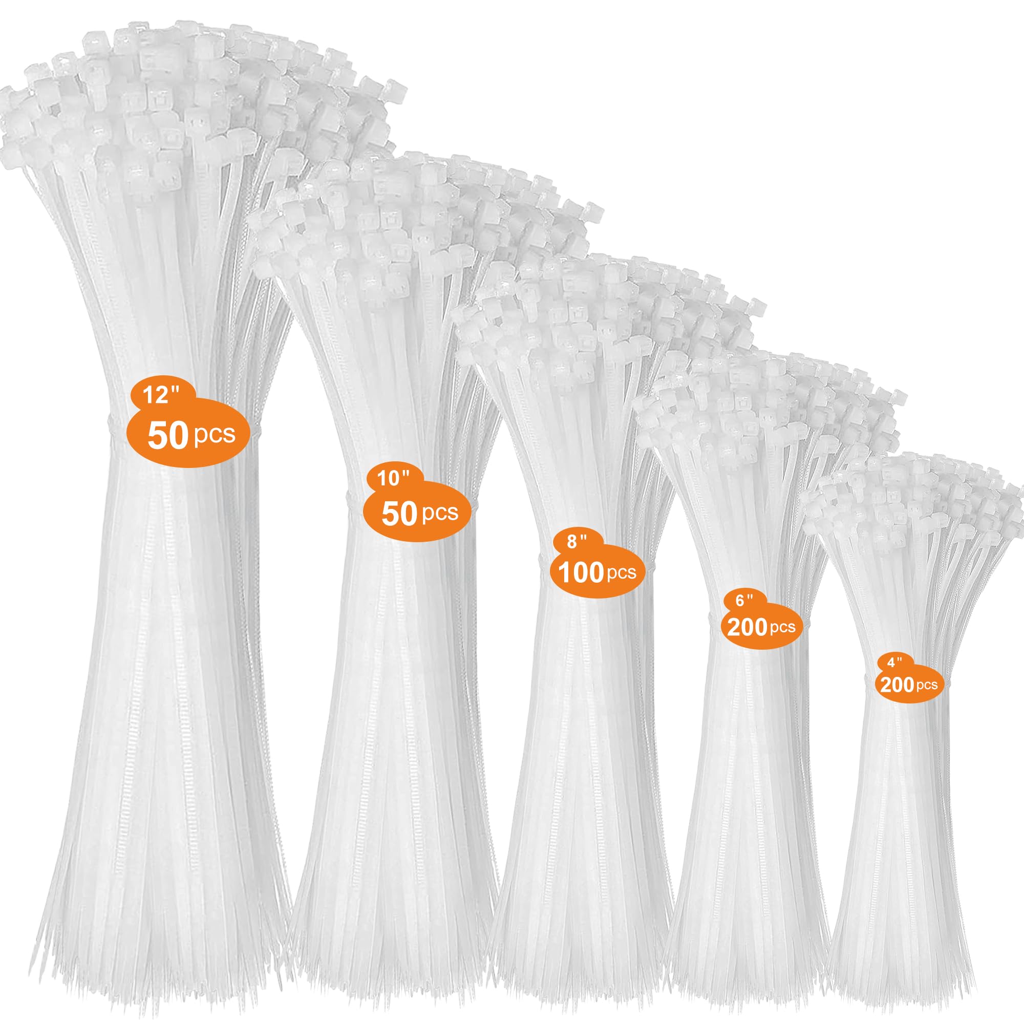 DUNSOO 600 Pack Cable Ties White, Heavy Duty Nylon Zip Ties, 100/150/200/250/300mm, Secure Self-Locking Mechanism, Multi-Purpose Plastic Tie Wraps for Wire Management, Indoor and Outdoor Use