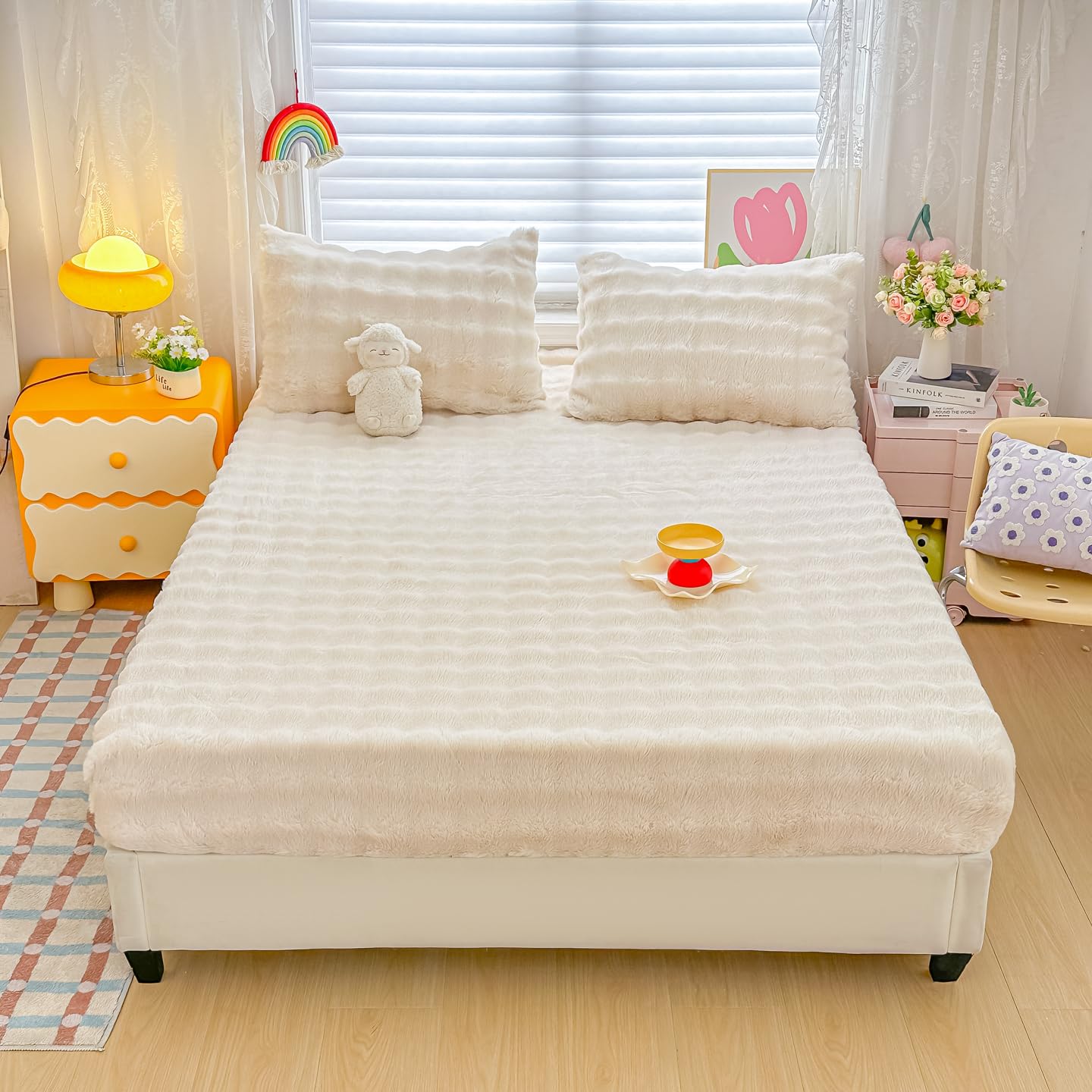 Photo 1 of Roscloud Kid Rabbit Plush White Full 3 PC Bread Grid Sheet Set with Extra Soft Plush Velvet Flannel Fluffy Fuzzy (Fitted Sheet x 1, Pillowcase x 2)