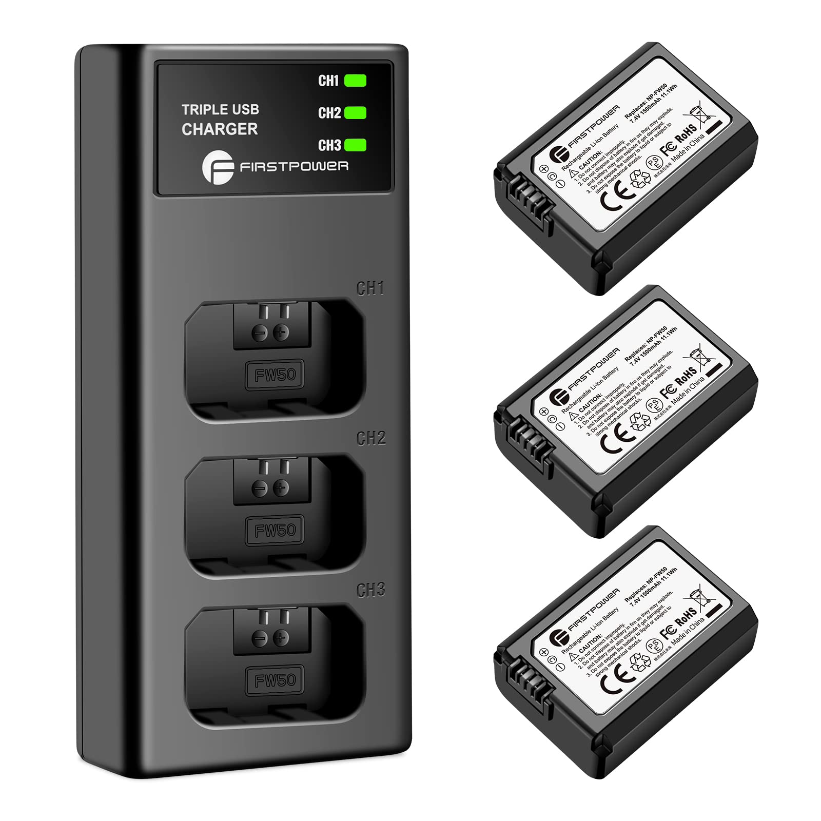 Photo 1 of FirstPower NP-FW50 Battery 3-Pack and Triple Slot Charger for Sony Alpha A6000 A6300 A6400 A6500 A7 A7II A7RII A7SII A7S A7S2 A7R A7R2 A5100 A5000 RX10 RX10II ZV-E10