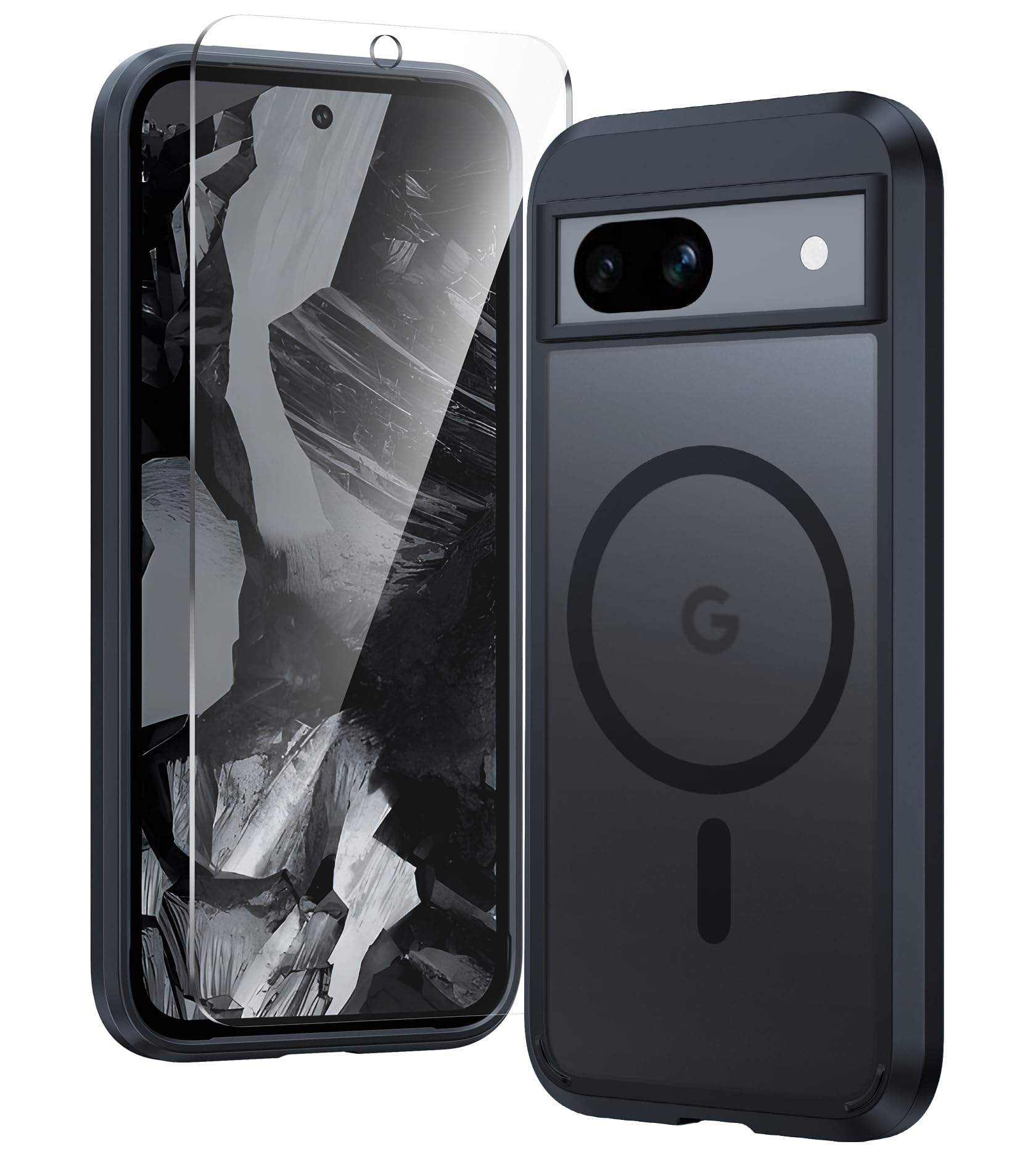 Photo 1 of FNTCASE for Google Pixel 8A Case Protective Phone Cover | Support Magnetic Charging, Frosted Translucent Back, Matte, Military Grade, Shockproof, Tough Cases, 6.1 inch, Black