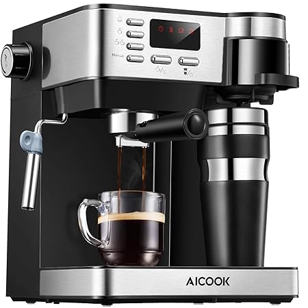 Aicook 15 bar Espressomaschine, Kombi-Kaffeemaschinen, filterkaffeemaschine Mit Kaffeetasse, Cappuccino Coffee & Tea, LED-Anz