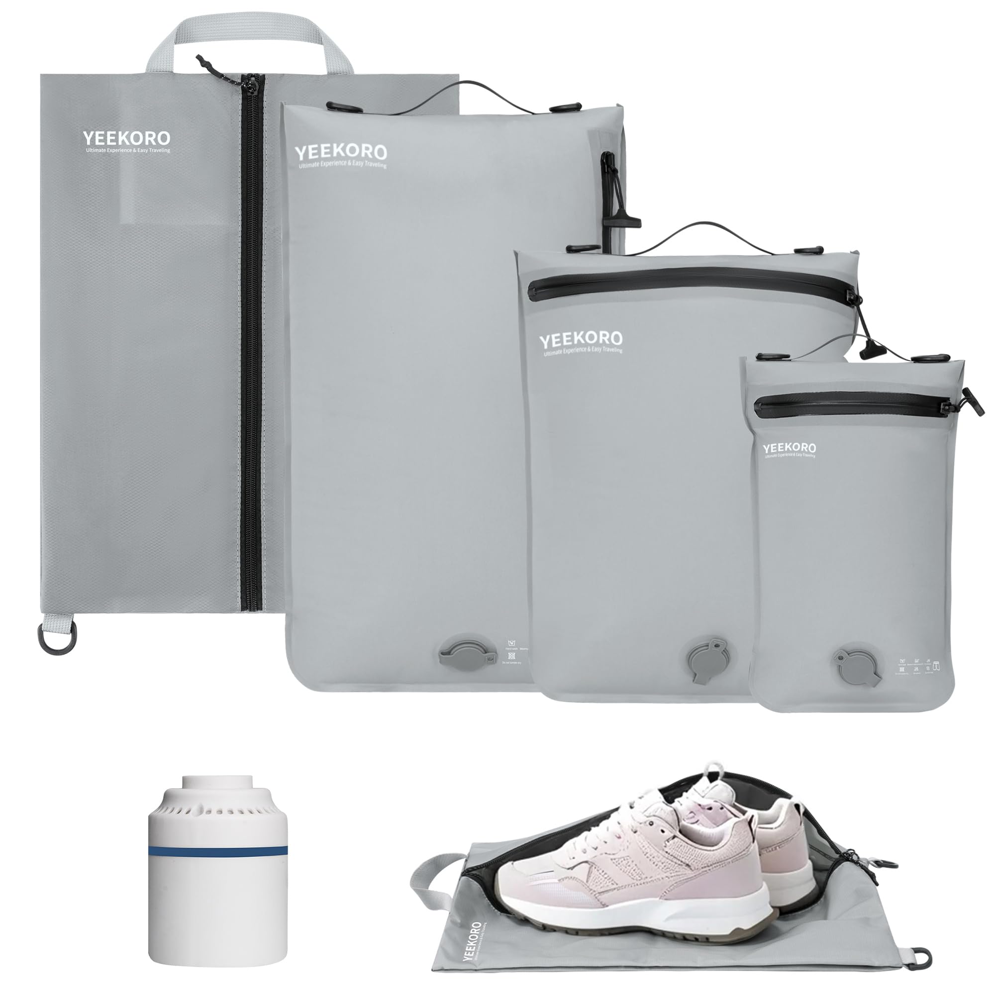 Photo 1 of YEEKORO 4 Set Vacuum Bags for Travel, Professional Reusable Organizer Bag with IPX8 Waterproof Zipper, Compression Bag for Suitcases, Durable Seal Space Saver Bags (with pump)