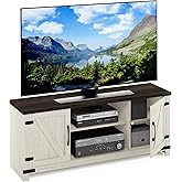 Furinno Jensen Farmhouse Barn Door Living Room TV Stand with Storage Cabinets for TV up to 70 Inch, Ebony/White Wash