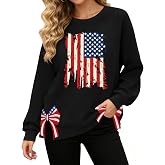 hohololo USA Sweatshirt Women American Flag Long Sleeve 4th of July Shirts USA Embroidered Crewneck Pullover Side Split Tops