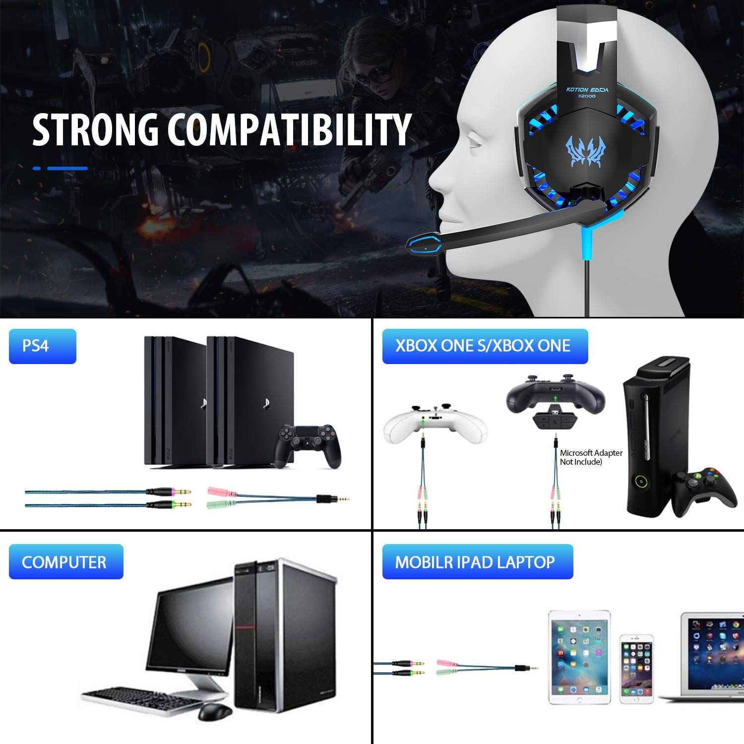 Auriculares Gaming PS4,Cascos Gaming, Auriculares Cascos Gaming con Micrófono Juego Gaming Headset con 3.5mm Jack Luz LED Compatible con PC/Xbox One/Nintendo Switch,Bass Surround y Bajo Ruido
