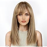 KKU 16 Inch Brown Mixed Blonde Human Hair Wigs for Women, Straight Human Hair Wig with Bangs,Remy Human Hair Wigs,Daily Wig