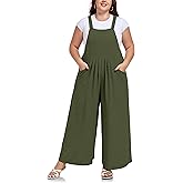 Moon Wood Plus Size Overalls for Women Loose Fit Bib Rompers Adjustable Straps Wide Leg Jumpsuits with Pockets
