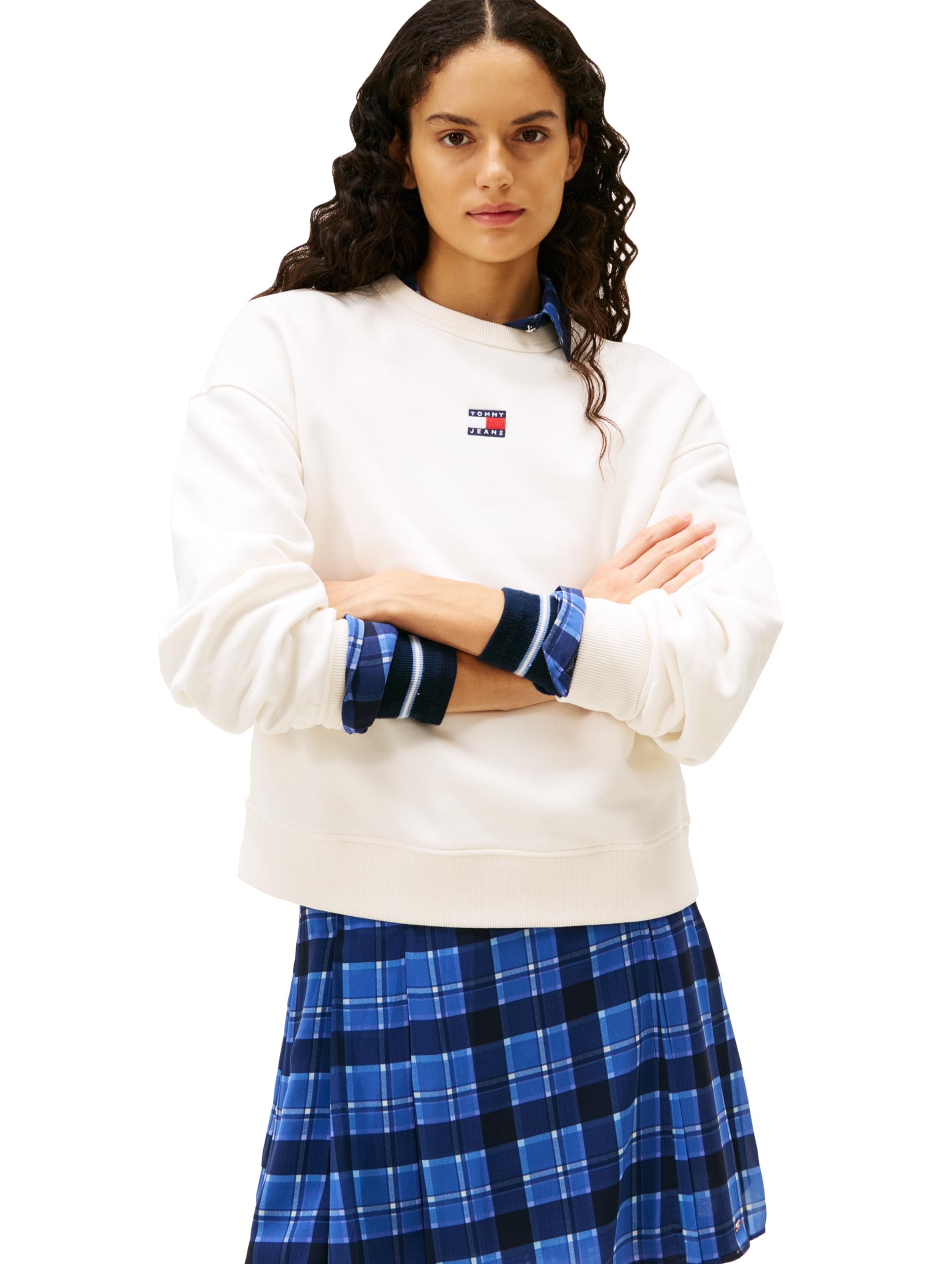 Tommy Jeans Womens Boxy Badge Crew Neck Sweatshirt, ANCIENT WHITE X-Small