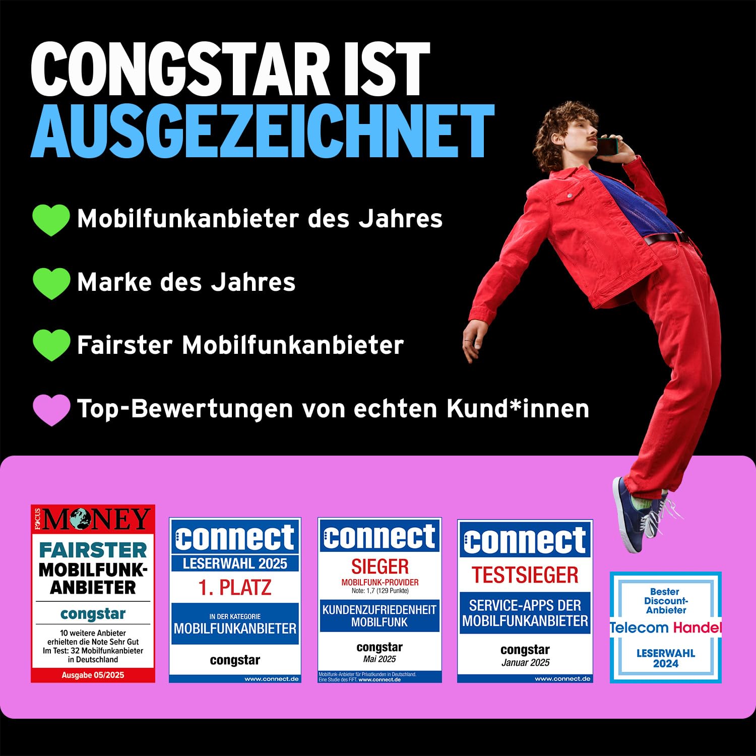 congstar Prepaid ALLNET XL – 55 GB im D-Netz mit 5G (25 Mbit/s), 16€ Startguthaben, Telefon & SMS Flat in alle dt. Netze, EU-Roaming inkl., jedes Jahr 1 GB mtl. mehr, ohne Vertrag. 5