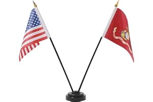 Kinoy 4"x6" Miniature Marine Corps and USA American Flag Desk Set with Black Base
