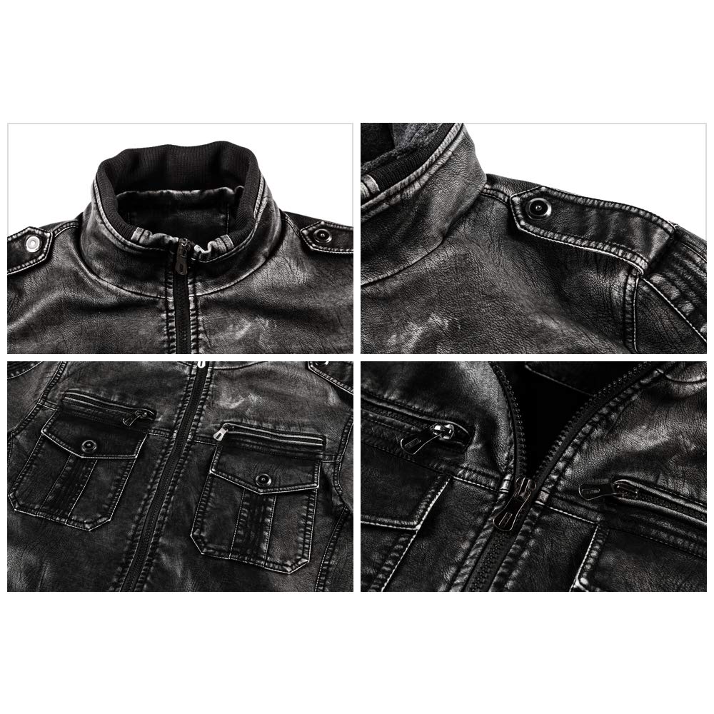 FEDTOSING Men\'s Faux Leather Jacket Retro Zip-UP Motorcycle Jackets with Removable Hood (Black-2 S)