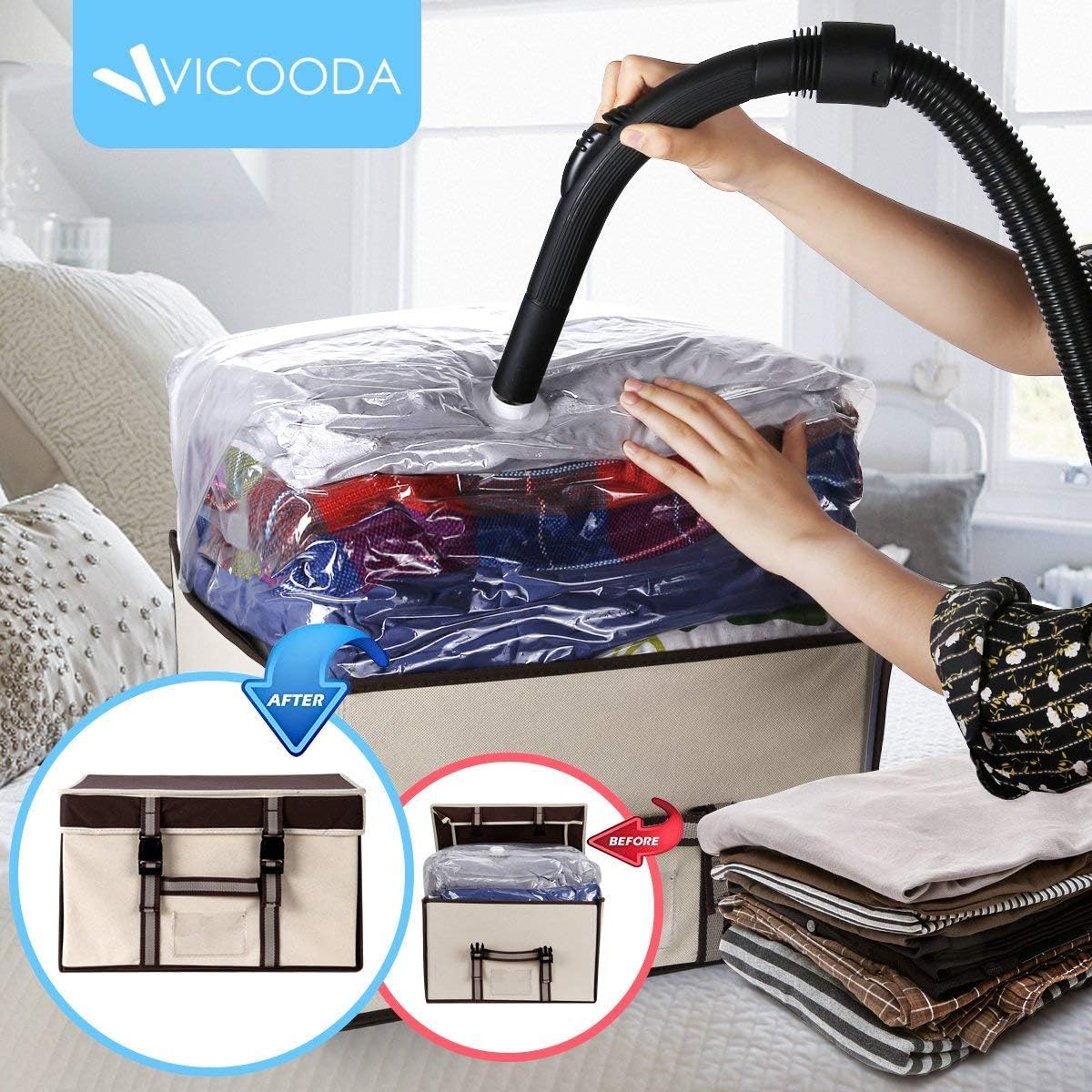 VICOODA Storage Bag Organizers, Fabrics 40 Liter Storage Bags Foldable Underbed Storage Bag with a Vacuum Storage Bag for Comforters, Pillows, Blanket, Duvet, Beige