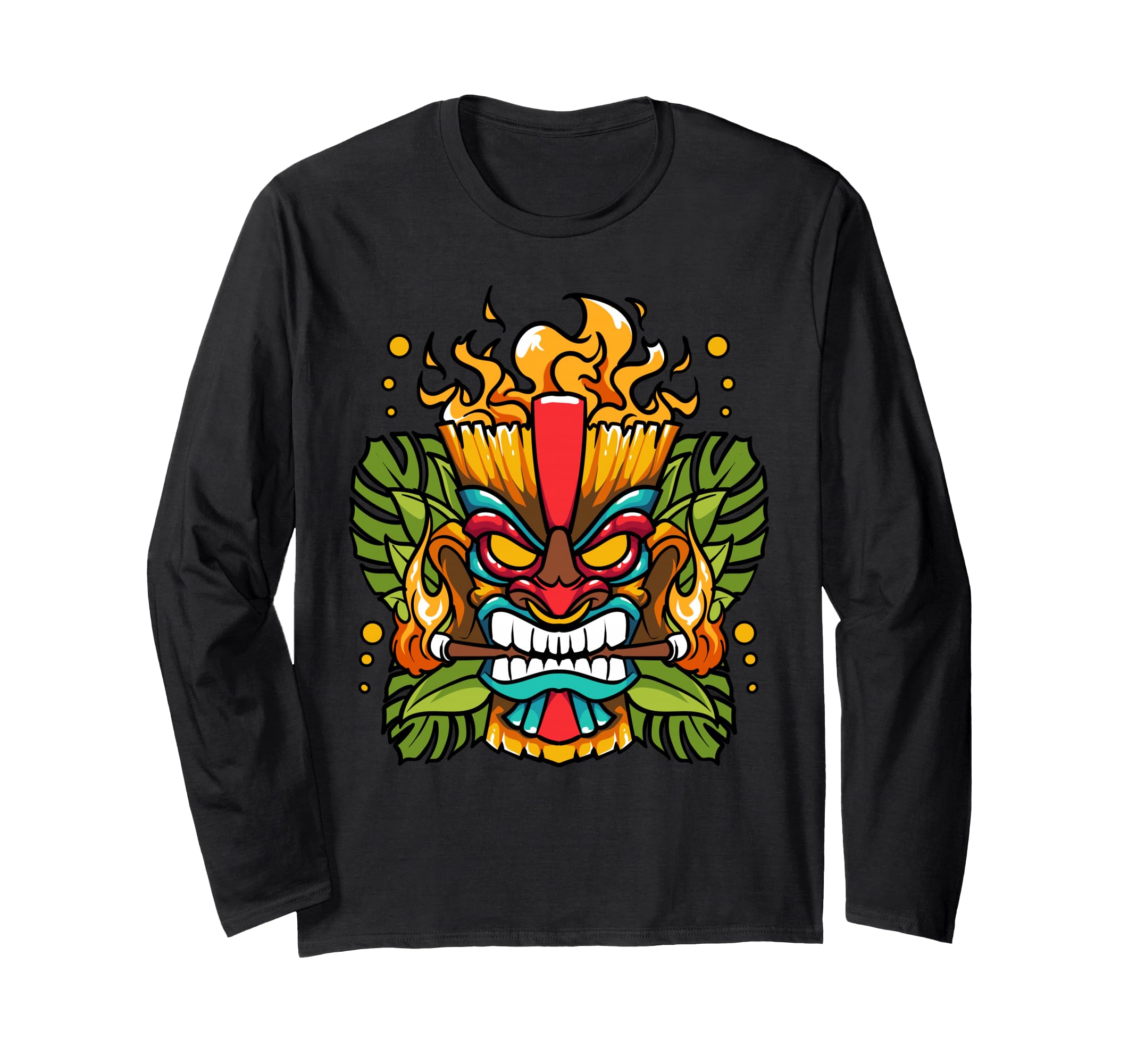 Hawaiian Tiki Mask Fire Totem God Of The Luau Long Sleeve T-Shirt