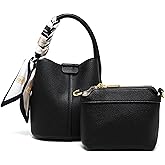 Women's small crossbody bag made of synthetic leather, mini bucket style shoulder bag with scarf, detachable shoulder strap