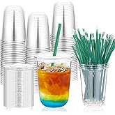 Cashger 16 oz Clear Plastic Cups with Lids, Round Bottom Disposable Cups With Straw Slot Lids for Cold Drinks, Milkshake, Smoothie, Milkshake, Iced Coffee and TO-GO Drinkings (50, 16 oz)