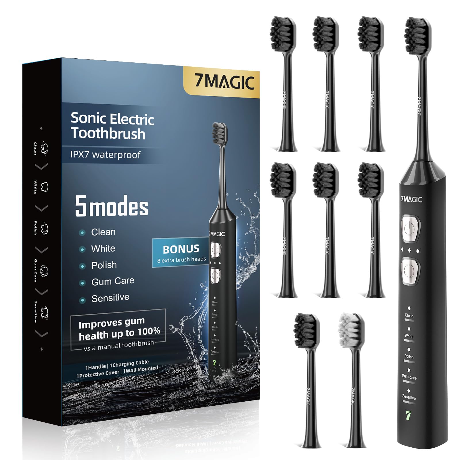 View 1 of ***Brand new/sealed*** 

7MAGIC Sonic Electric Toothbrush for Adults and Kids - Up to 180 Days Runtime, 42000 VPM Powered Toothbrush, 5 Modes & 3 Intensities for Sensitive Teeth & Braces, Includes 8 Brush Heads, Black