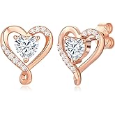 Zifeel Earrings for Women, S925 Sterling Silver Rose Gold Birthstone Heart Studs Earring for Girlfriend Wife, Anniversary Birthday Christmas Valentines Mothers Day Gifts Jewelry for Women Wife Her Mom