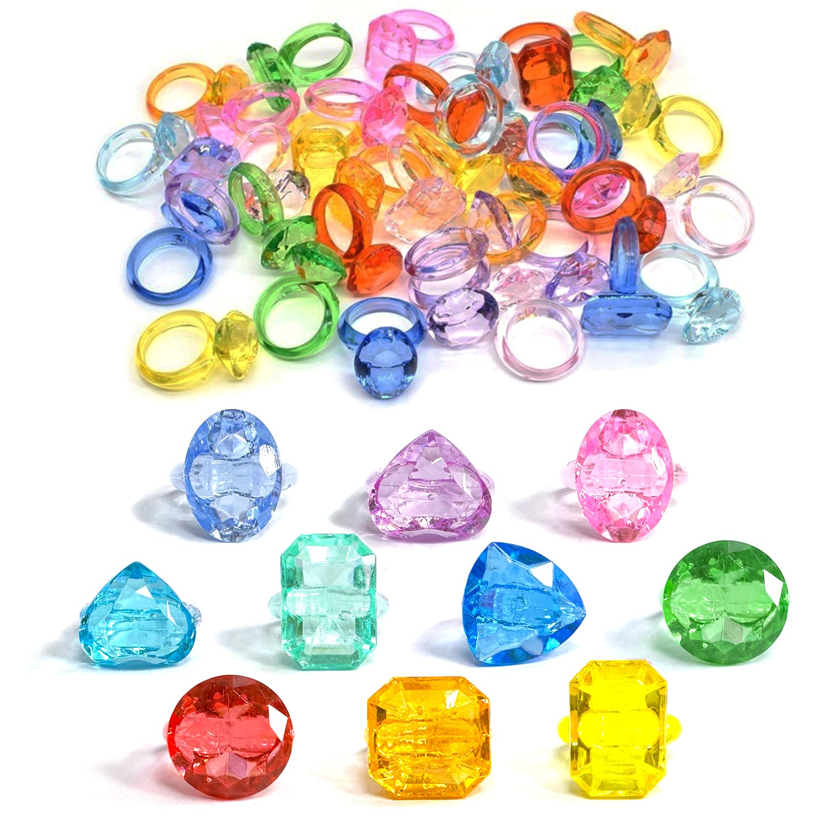 NLR FUN Plastic Acrylic Rings, Multiple shapes Assorted Colors Diamond Rings, for Party Favors | Prize Carnival Toy | Goodie Bag | Birthday for Girl/Kids (50 PCS)