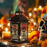 Dia de Los Muertos Decorations, Day of the Dead Decor, DECORKEY 13.4’’ Decorative Skull Men & Women Candle Lantern with 60