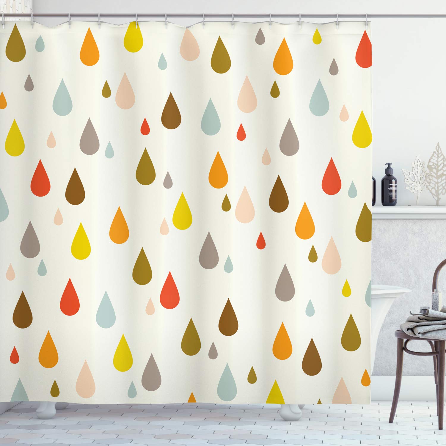 ABAKUHAUS Colorful Shower Curtain, Retro Style Colorful Big and Small Water Drops Rain Inspired Pattern, Cloth Fabric Bathroom Decor Set with Hooks, 94 Inches, Multicolor
