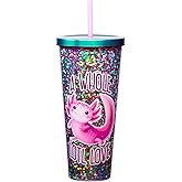 Spoontiques - Glitter Filled Acrylic Tumbler - Glitter Cup with Straw - 32oz - Stainless Steel Locking Lid with Straw - Double Wall Insulated - BPA Free - Axolotl
