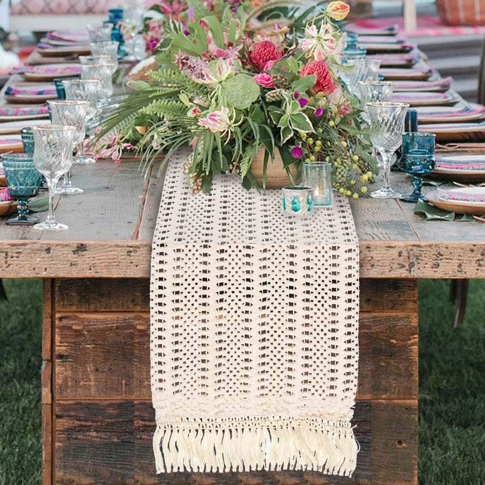 OurWarm Natural Macrame Table Runner Cotton Crochet Lace Boho Wedding Table Runner with Tassels for Bohemian Rustic Wedding Bridal Shower Home Dining Table Decor, 12 x 108 Inch: Home & Kitchen