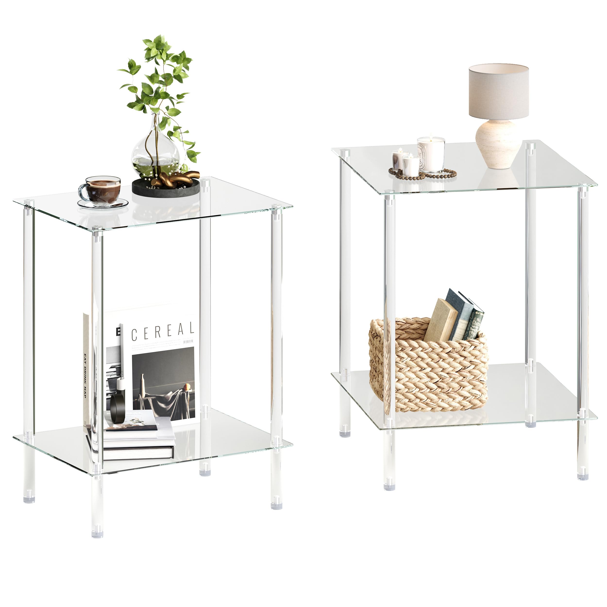 Photo 1 of empered Glass Side Tables Set of 2 Acrylic End Table with 2 Storage Shelve transparent Bedside simplicity clear 2-Tier Nightstands small Spaces Office Bedroom Living Room Study Transparent ET-008TR