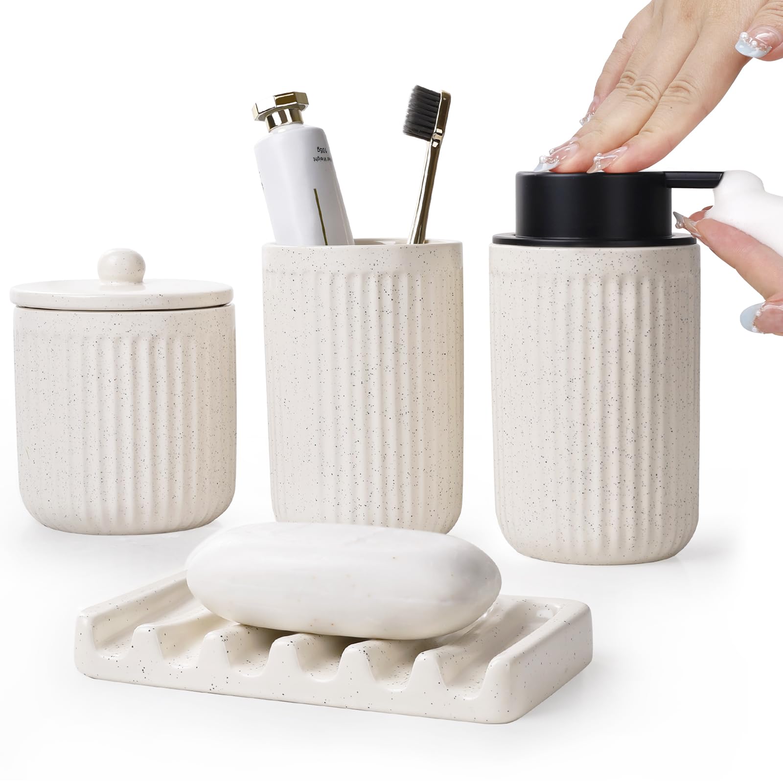 Photo 1 of BosilunLife Beige Bathroom Accessories Set - Ceramic Bathroom Counter Soap Set Bathroom Decor Sets Accessories Bathroom Lotion Soap Dispenser and Toothbrush Holder Set, Soap Dish, Apothecary Jars