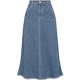 Belle Poque Vintage Denim Skirts for Women Elastic High Waist Frayed Raw Hem A-Line Maxi Long Jean Skirts with Pockets