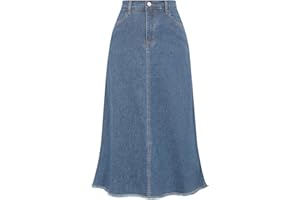 Belle Poque Vintage Denim Skirts for Women Elastic High Waist Frayed Raw Hem A-Line Maxi Long Jean Skirts with Pockets