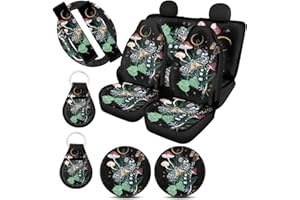Xoenoiee 11 Pcs Butterfly Mushroom Design Car Accessories Seat Cover Full Set for Women, Steering Wheel Cover, Front & Rear Seat Cover, Seat Belt Pads, Cup Coaster, Key Chains - Universal