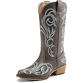 DREAM PAIRS Women's Cowboy Boots Mid Calf Cowgirl Boots Square Toe Chunky Heel Embroidery Stitched Western Boots