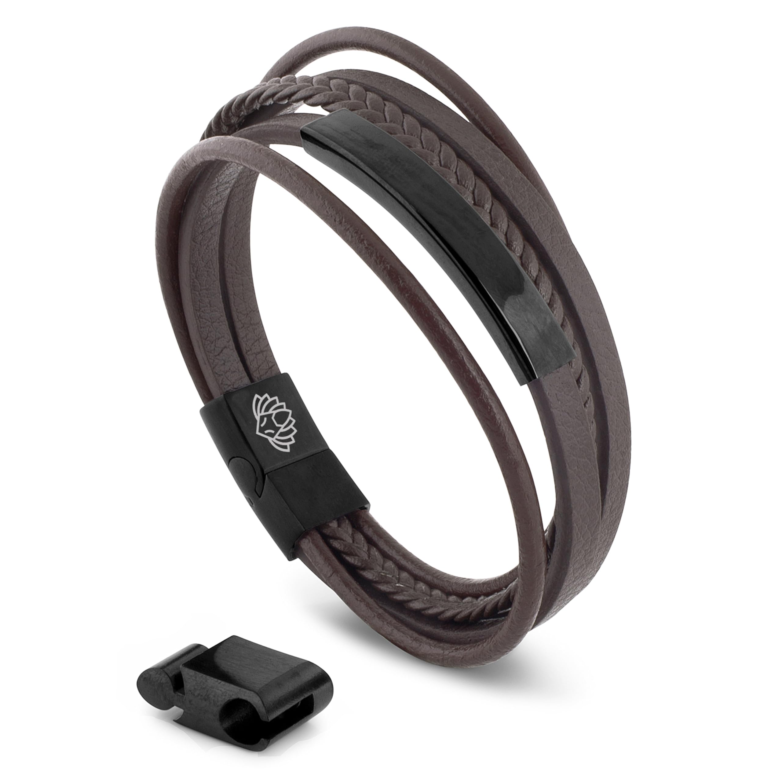 Akitsune The Punisher Synthetic Leather Bracelet | Magnetic Clasp Stainless Steel - Braided Mens Bangle Wristband | incl. Beautiful Jewelry Gift Box - Black-Brown - 23cm