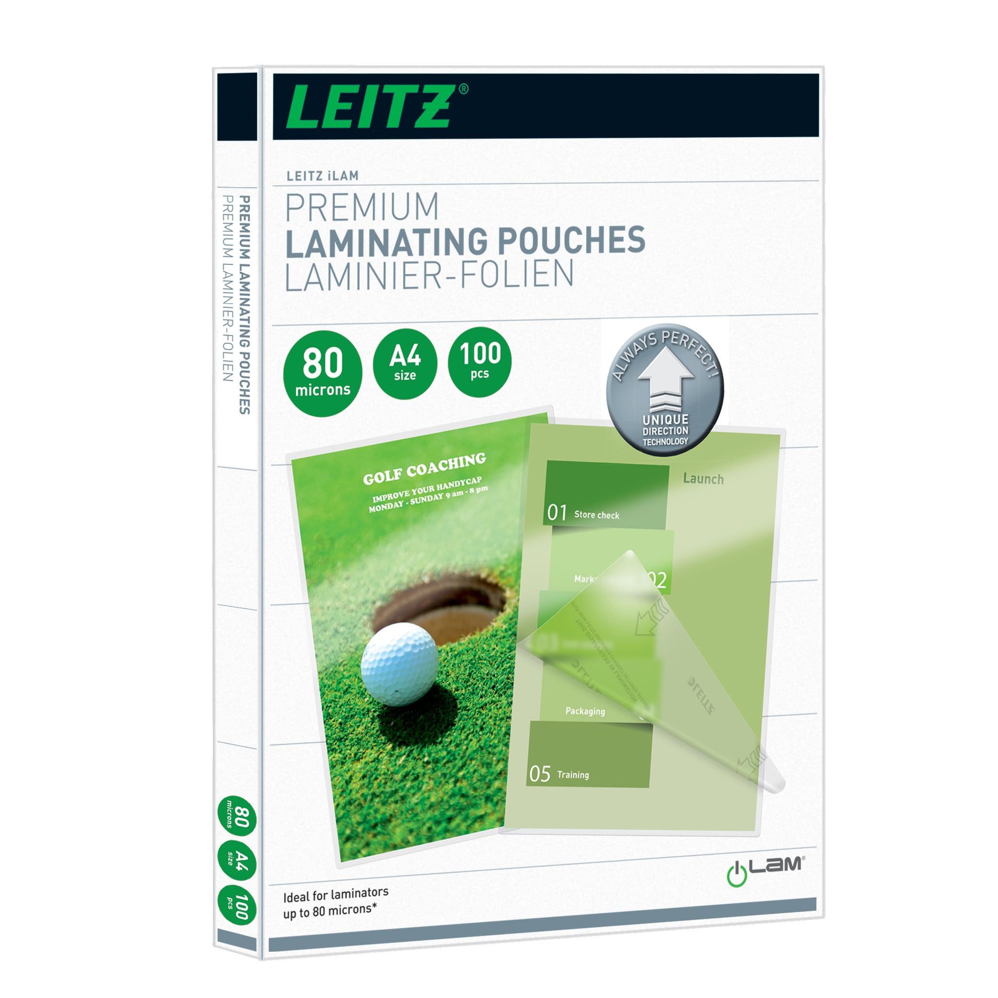 Leitz 74780000 Laminating Pouches Made of 80 Micron Thick Material (Transparent, Glossy, A4 and UDT) - Pack of 100