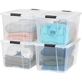 IRIS USA 4-Pack 72 Quart Storage Bins with Lids, Clear | Transparent design makes contents easy to find. Perfect for moving, blankets, clothing, and garage storage. Nestable design