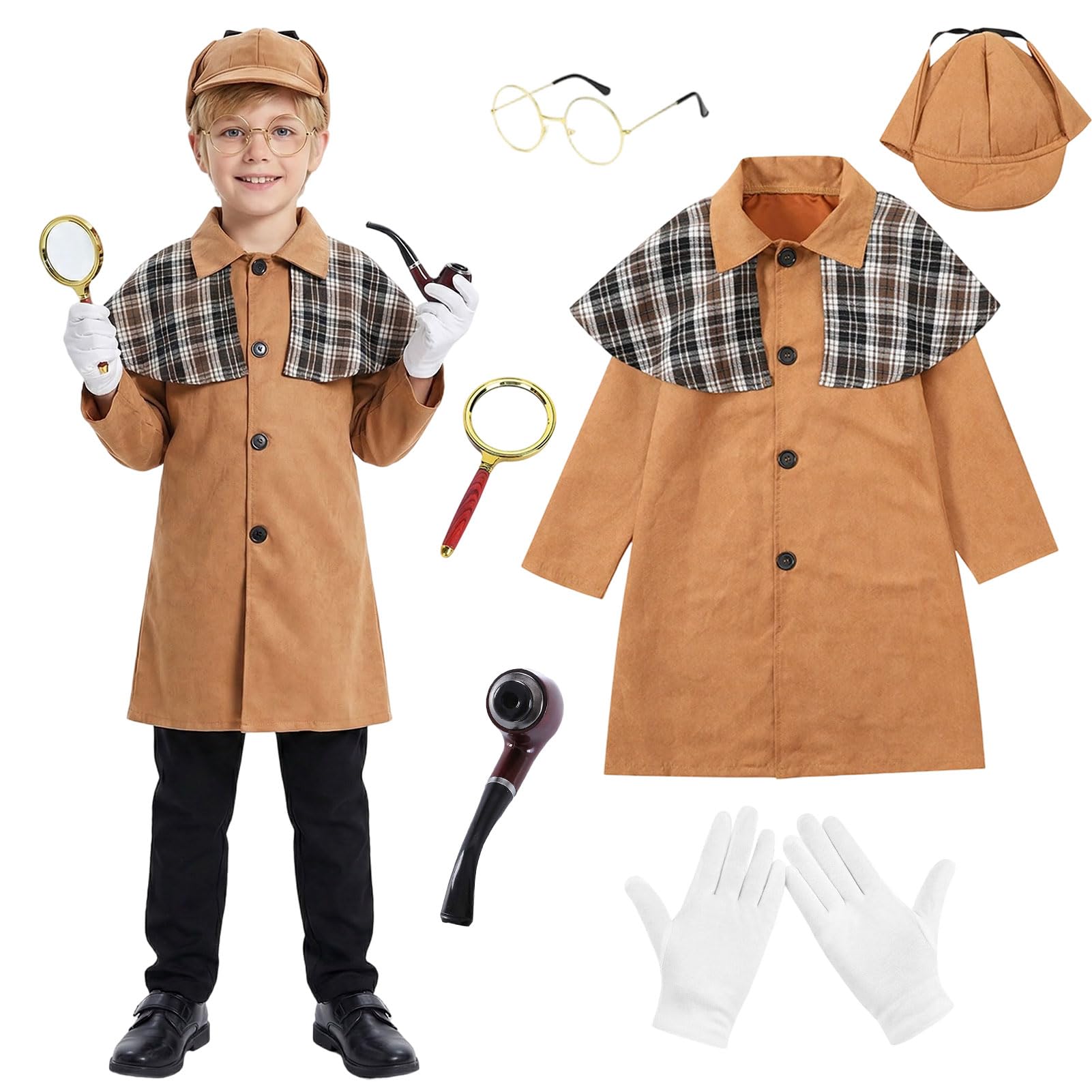 Raveparty Detective Costume Kids, Book Character Costumes, Girls Boys World Book Day Costumes (Khaki, XL)