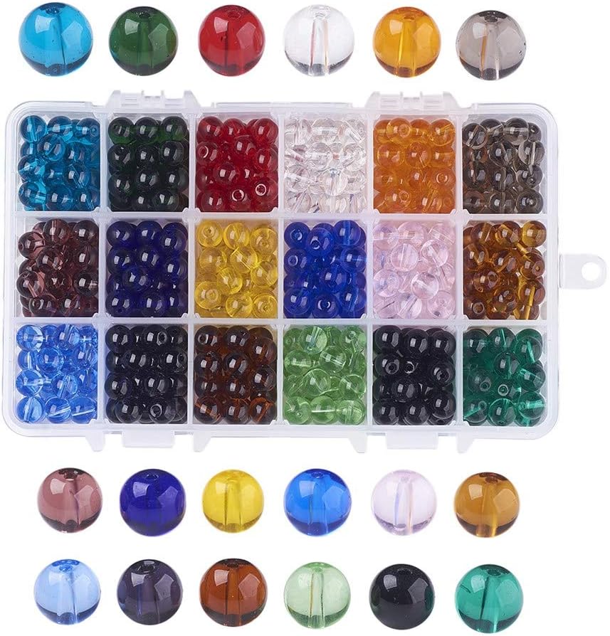 KISSITTY 540Pcs/box 18 Colors 8mm Transparent Smooth Round Glass Spacer Loose Beads Kit with Container Box for DIY Jewelry Craft Making