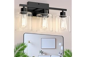 Phaosio Bathroom Vanity Light Fixtures 3-Black Wall Sconce, Brushed Nickel Mirror Light with Clear Glass Shade, Easy Install Bedroom Hallway Lighting, E26 Base