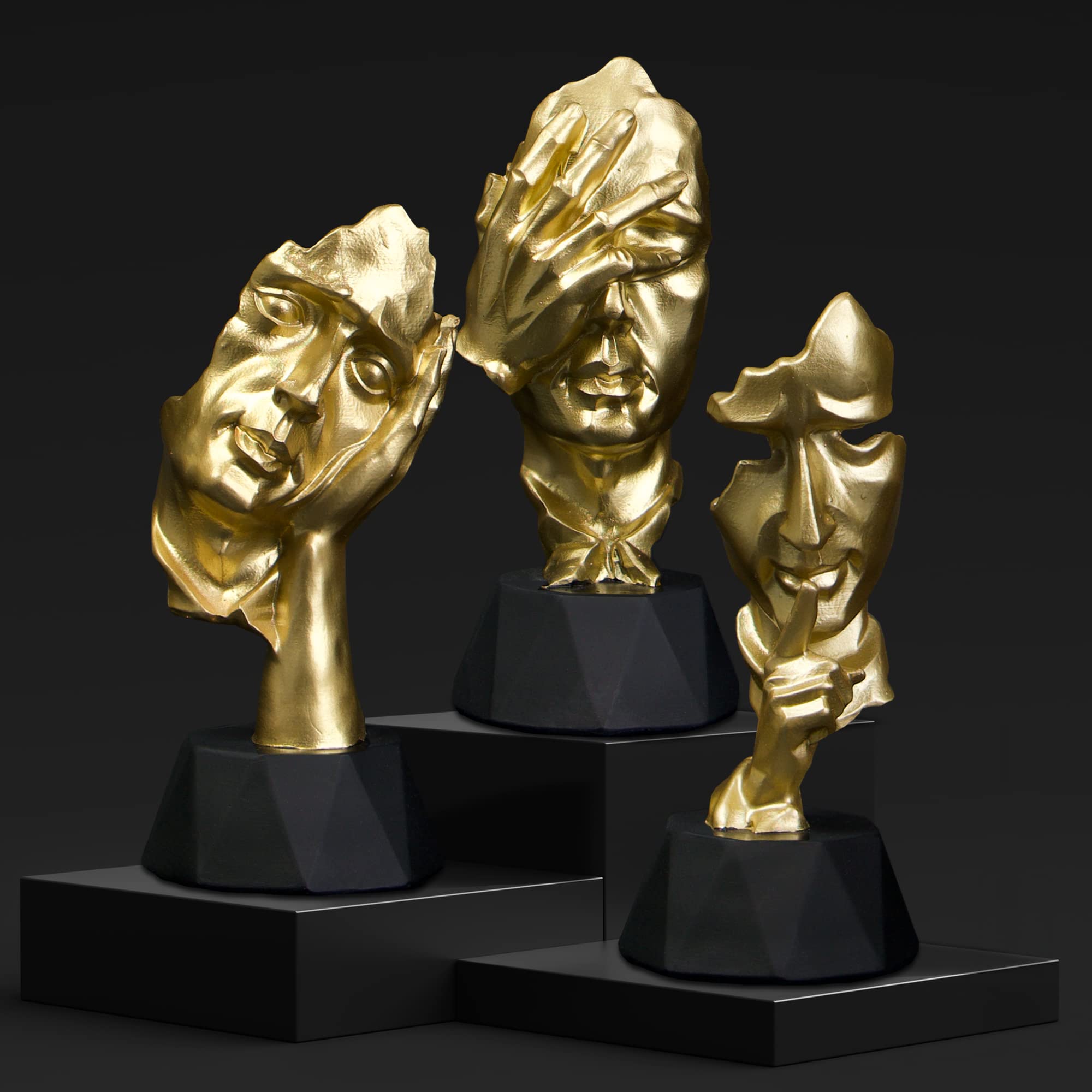 Perfekto24 Decorative Figures Set of 3 – Sculptures Set Consisting of 3 Figures (See Noth, Hear Notice, Say Nothing) Modern Sculptures in Gold (14 cmx5 cm) – Elegant Golden Decoration – The Three Wise