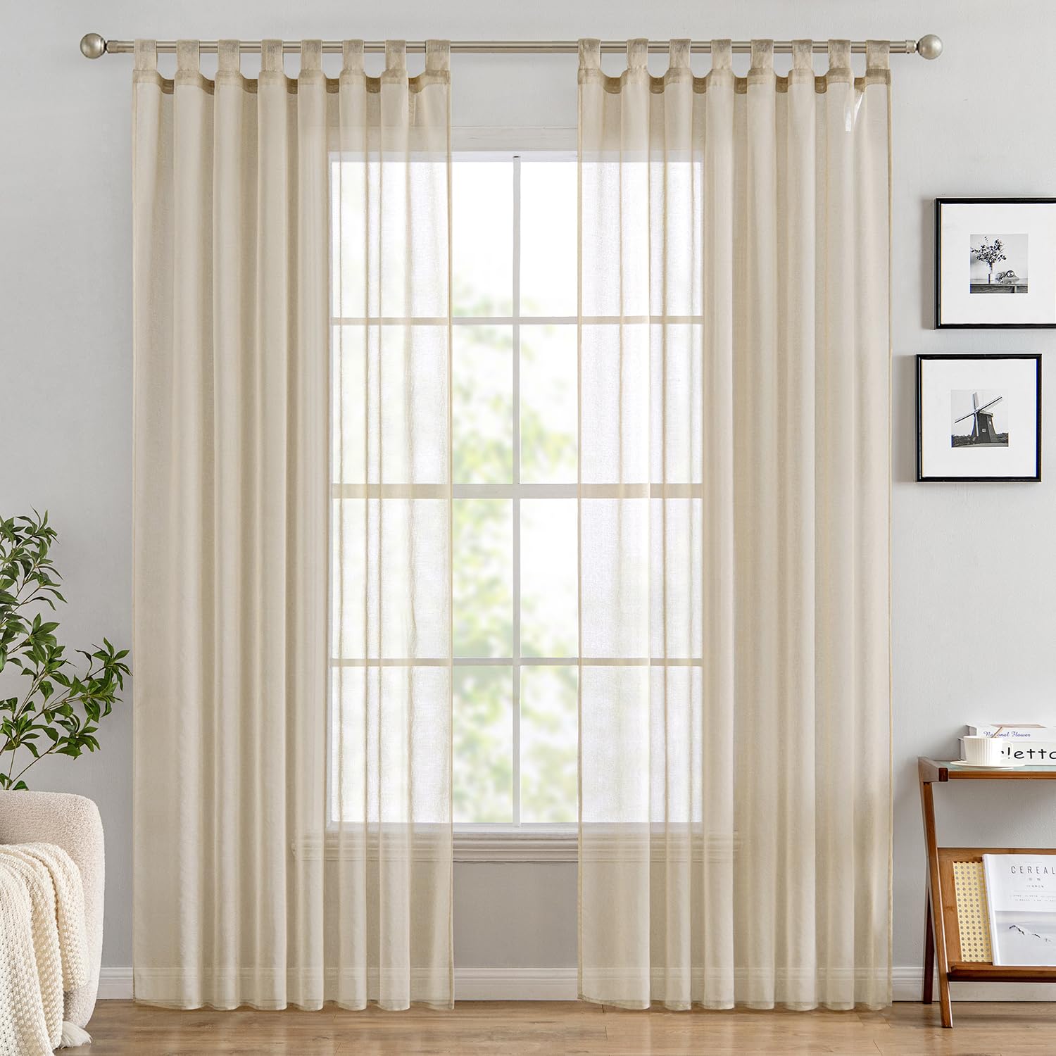 EMEMA Transparent Curtains, Living Room with Loops, Scarf with 2 Sets of Series, Living Room, Ventilated, Bedroom, Decoration, W140 x H 245 cm, Beige