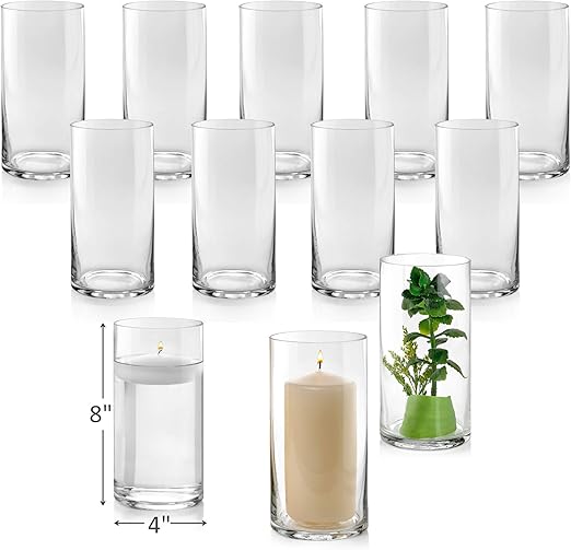 Amazon Com Set Of 12 Glass Cylinder Vases 8 Inch Tall Multi Use Pillar Candle Floating Candles Holders Or Flower Vase Perfect As A Wedding Centerpieces Home Kitchen