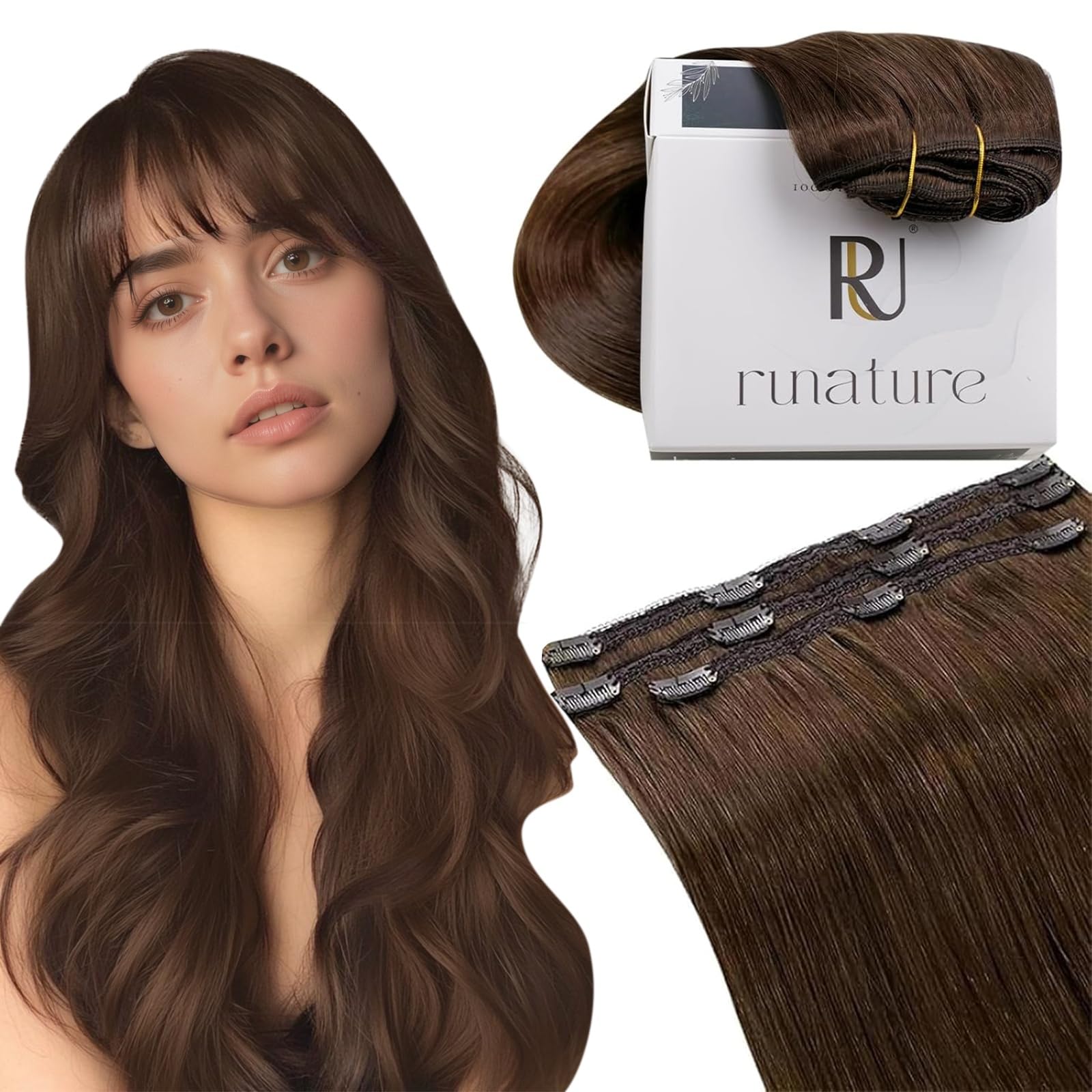 RUNATURE Clip in Hair Extensions Real Human Hair Brown 20 Inch Clip in Human Hair Extensions Remy Brown Clip in Extensions Human Hair Straight 50gram 3PCS