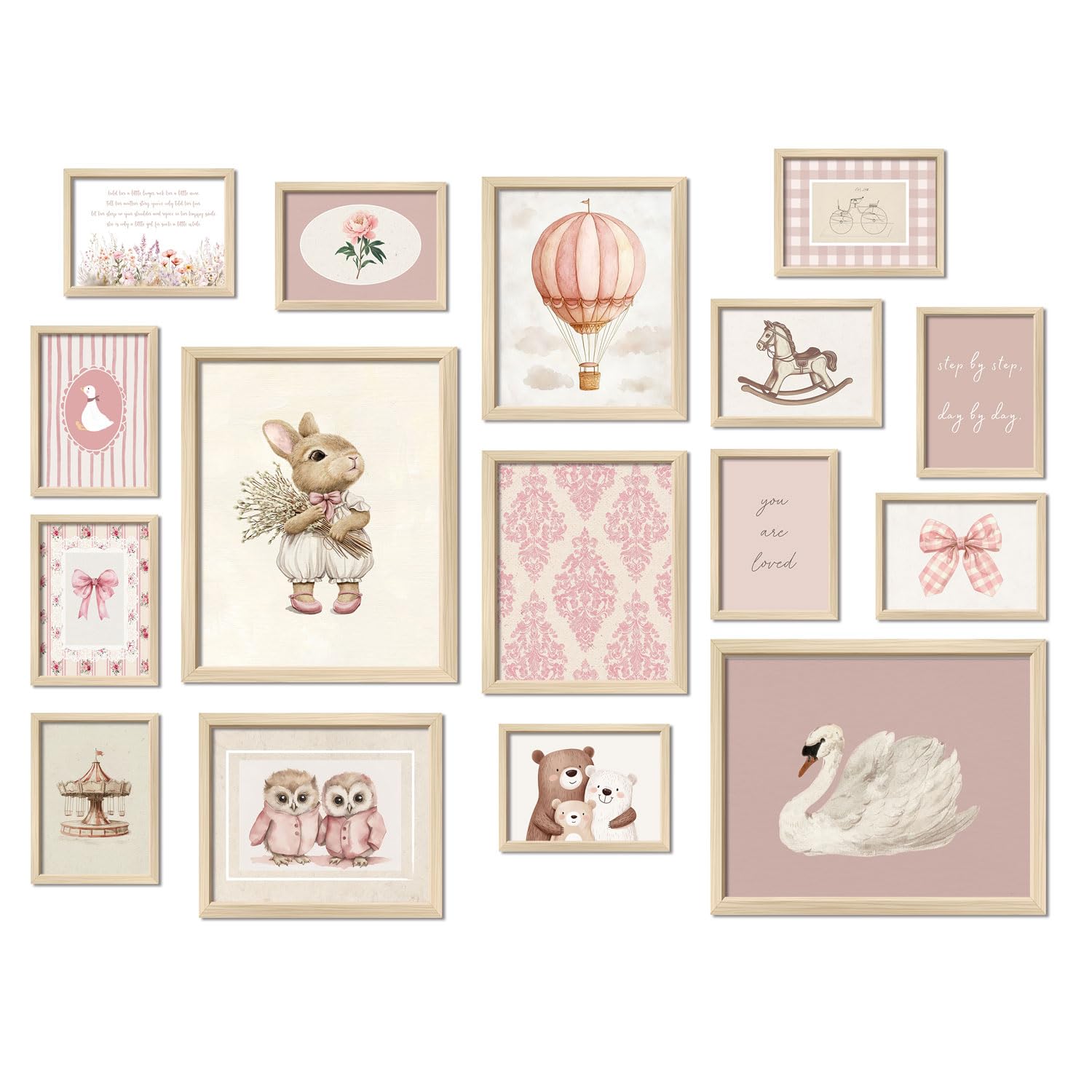 Photo 1 of 16 PCS Framed Pink Nursery Wall Art Decor, Vintage Baby Girl & Boy Nursery Decor, Kids Toddler Room Bedroom Playroom Decor, Animals Eclectic Gallery Wall Prints, Bear Duck Goose Rabbit