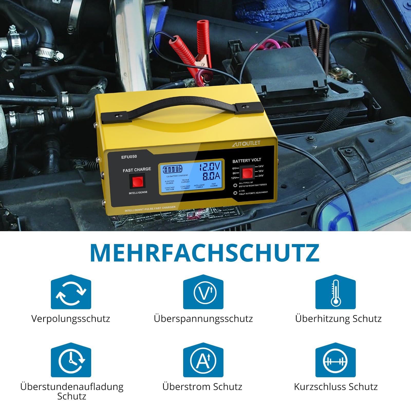 AUTOUTLET Ladegerät Autobatterie, 6/8/12/14/24V Smart vollautomatische KFZ Batterieladegerät Erhaltungsladegerät mit LCD Bildschirm, 0-14A Batterie Ladegerät für Auto Motorrad Rasenmäher Boot(Gelb) 3